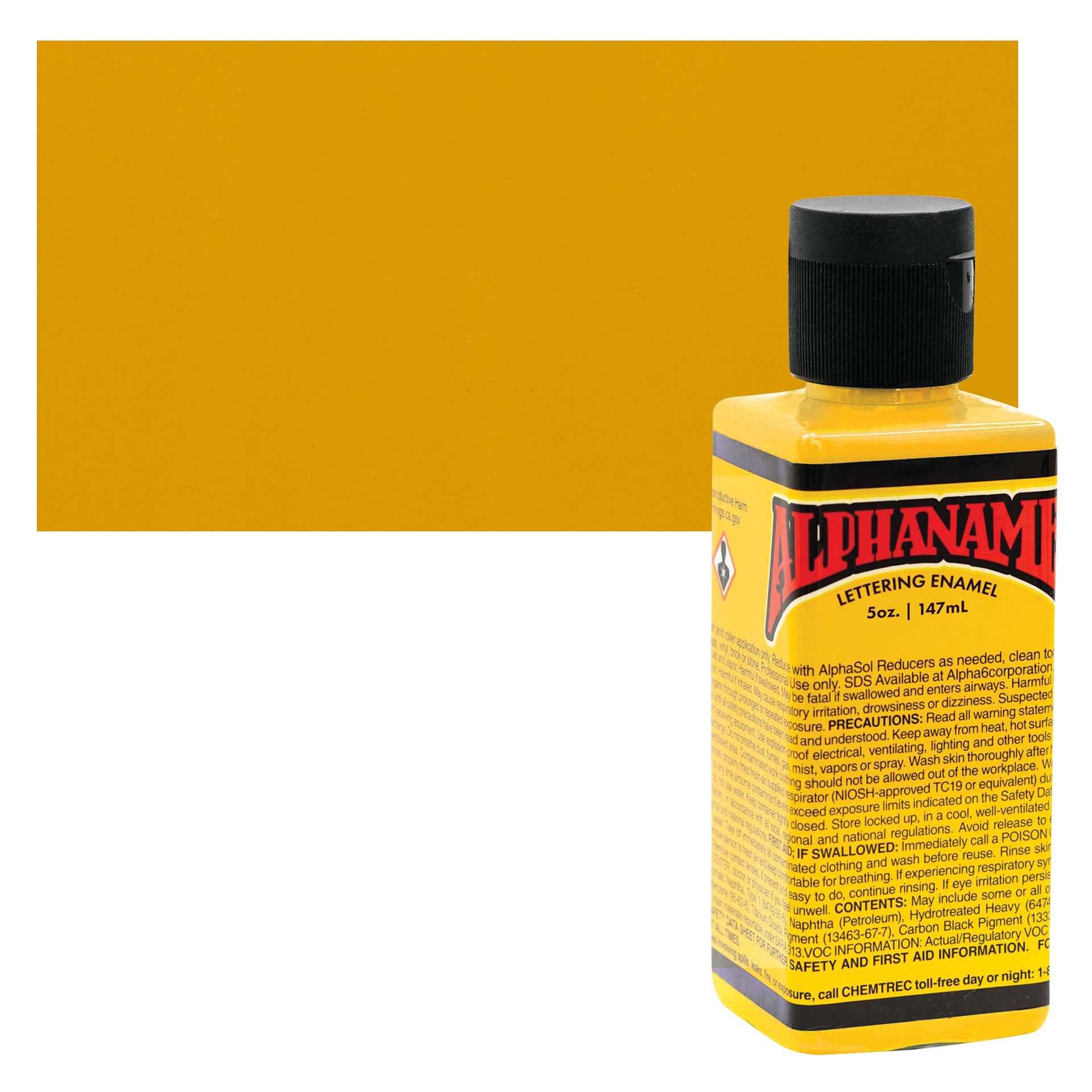 Alpha6 Alphanamel Lettering Enamel - Dark Yellow, 147 ml - Bottle and Swatch