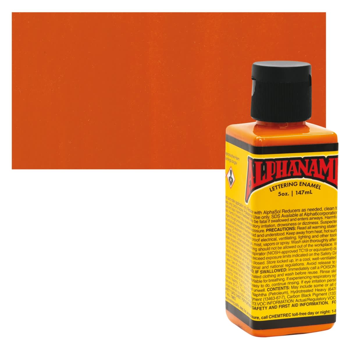 Alpha6 Alphanamel Lettering Enamel - Alpha Orange, 147 ml - Bottle and Swatch