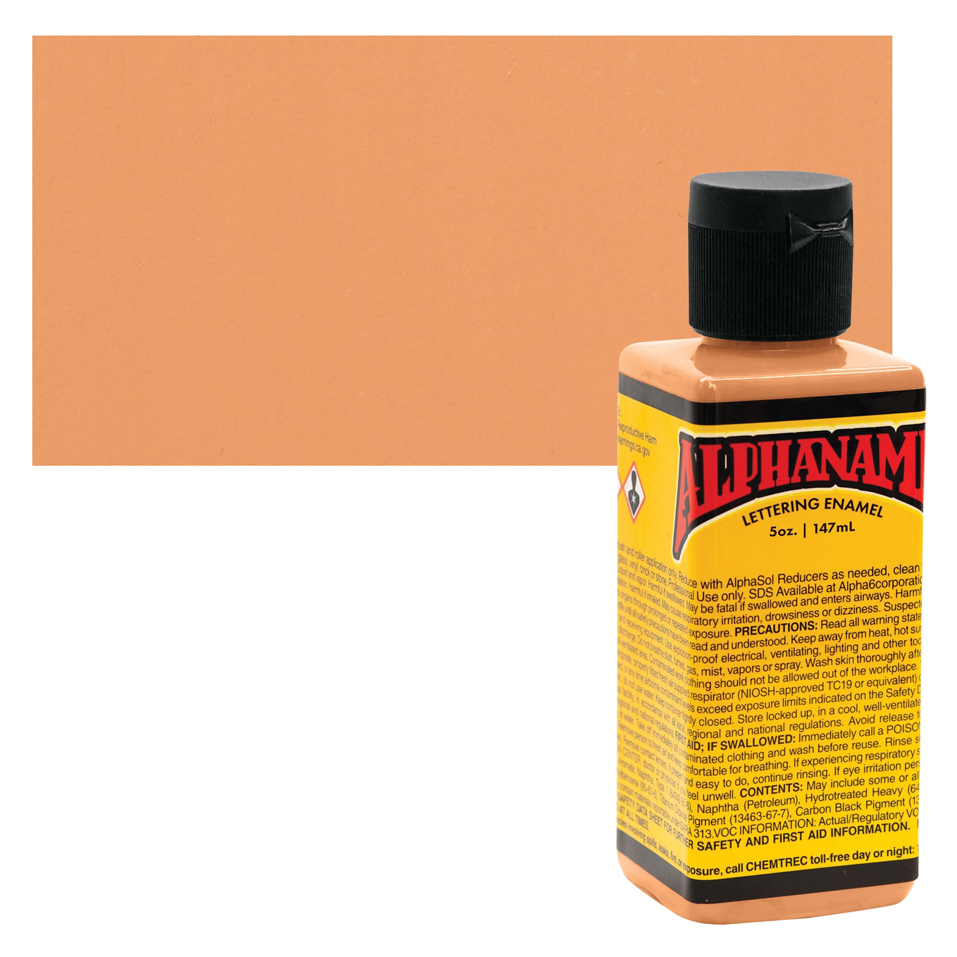 Alpha6 Alphanamel Lettering Enamel - Orange Sherbert, 147 ml - Bottle and Swatch