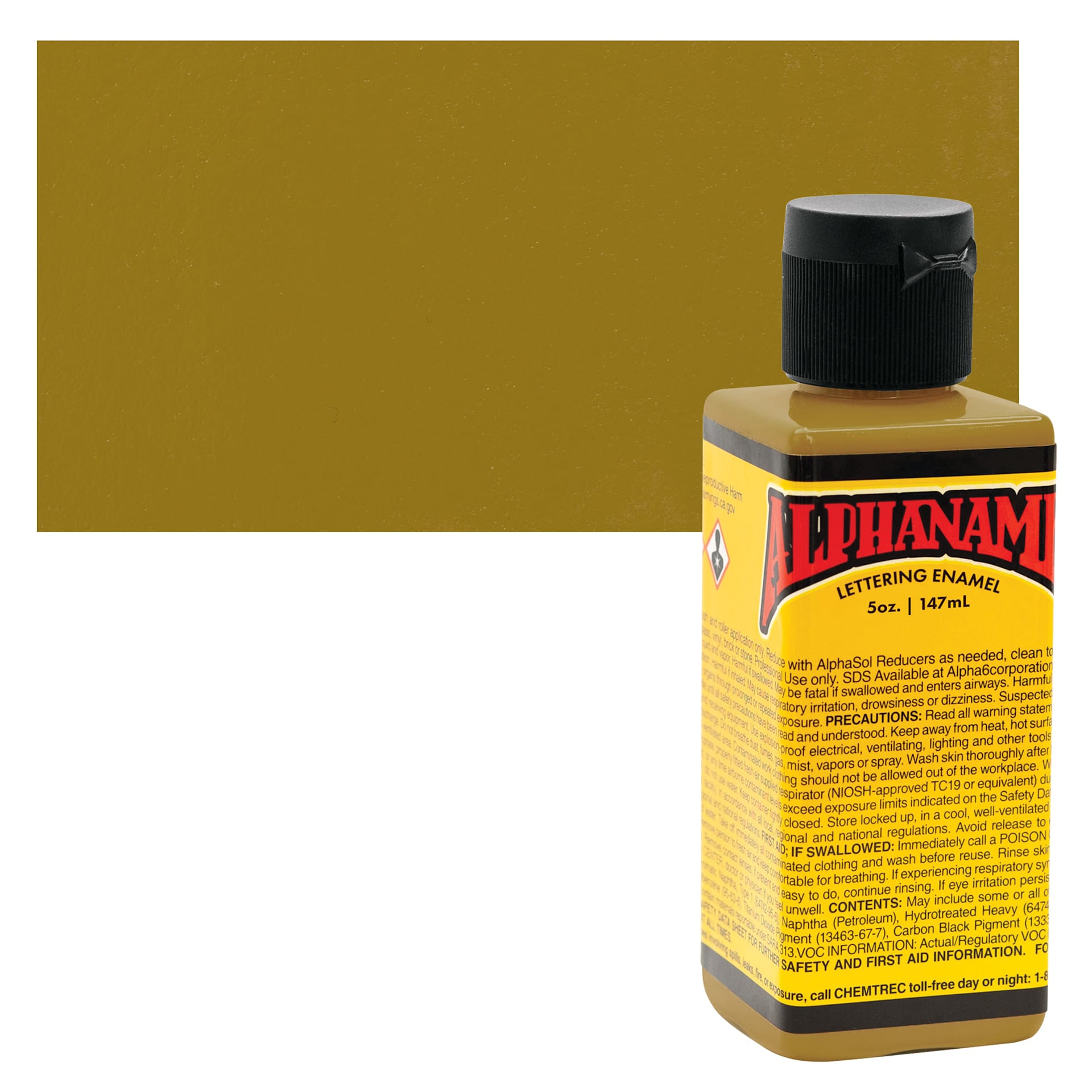 Alpha6 Alphanamel Lettering Enamel - Imitation Gold, 147 ml - Bottle and Swatch