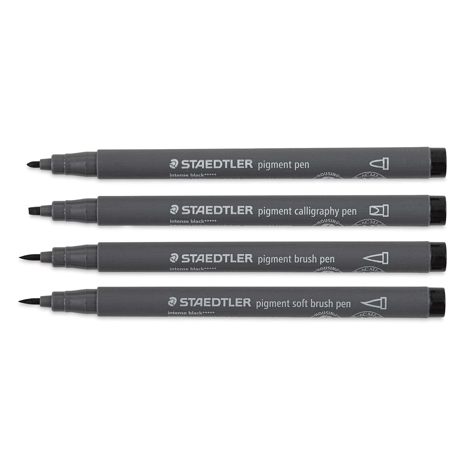 Staedtler Pigment Arts Pens - Intense Black, Assorted Tip, Set of 4, laid out Staedtler Pigment Arts Pens - Intense Black, Assorted Tip, Set of 4, laid out
