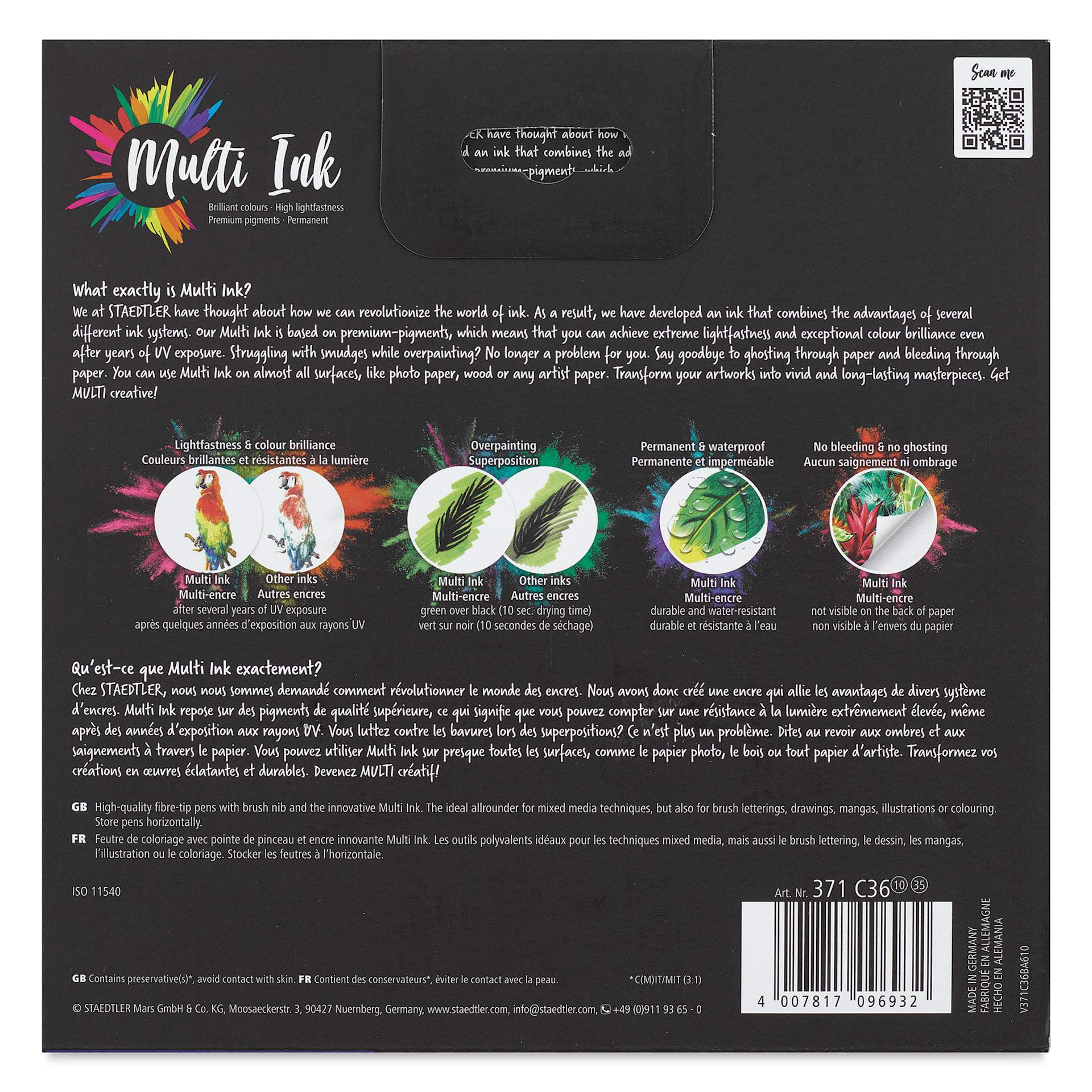 Staedtler Pigment Arts Pens - Brush Pens, Set of 36, back of the packaging