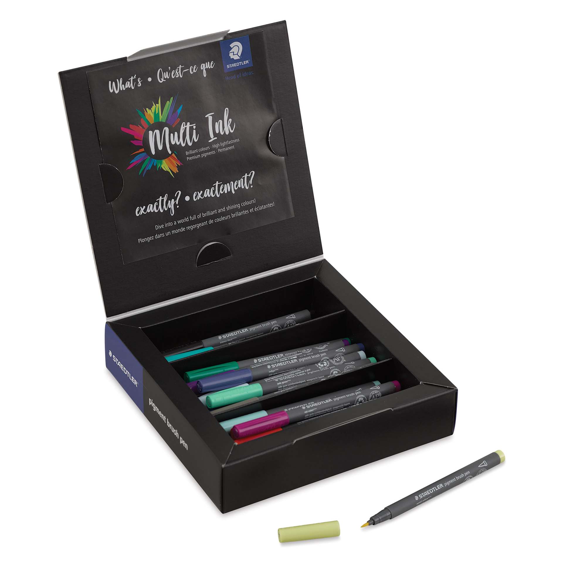 Staedtler Pigment Arts Pens - Brush Pens, Set of 36, lid open and pen laid out Staedtler Pigment Arts Pens - Brush Pens, Set of 36, lid open and pen laid out