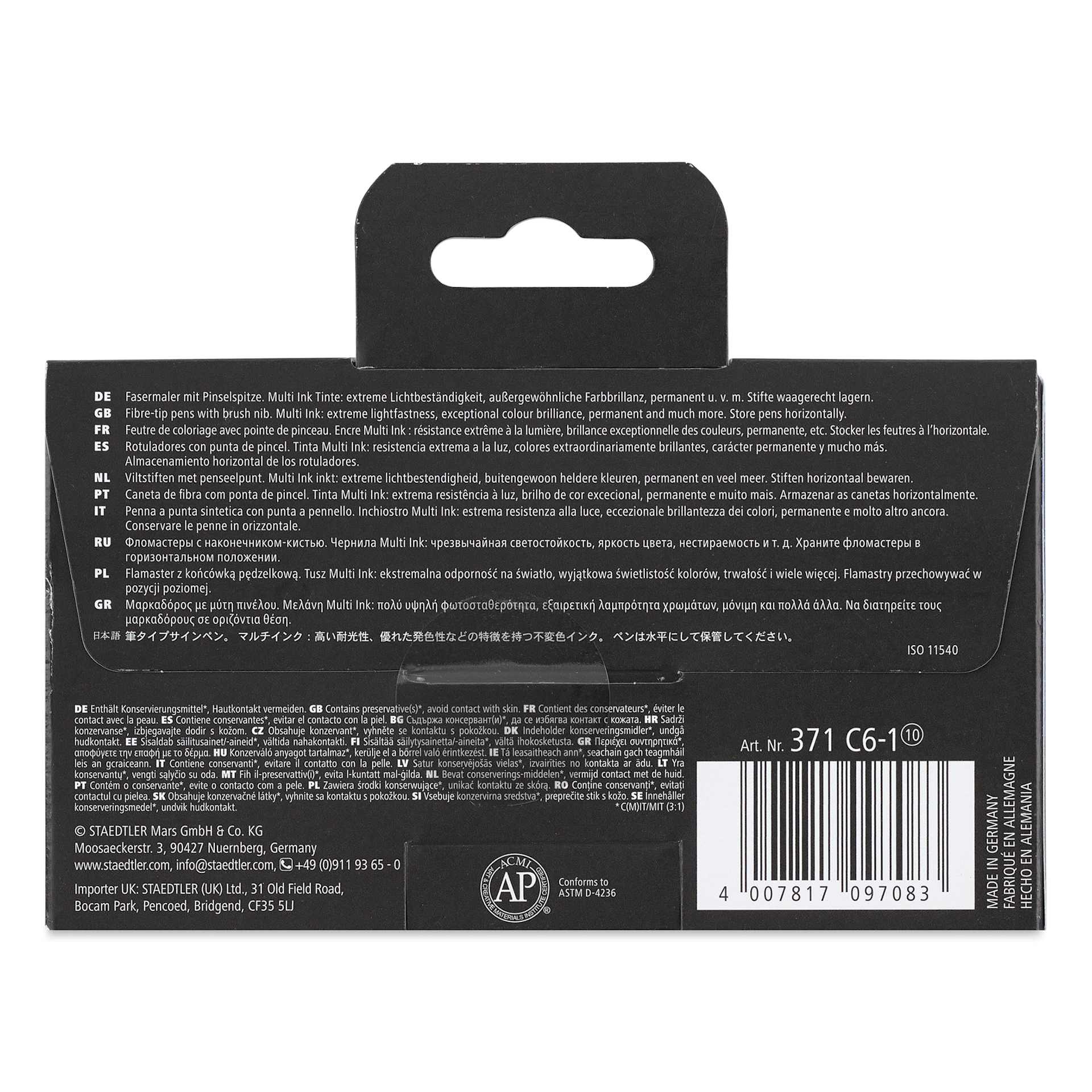 Staedtler Pigment Arts Brush Pens - Reds and Pinks, Set of 6, back of the packaging