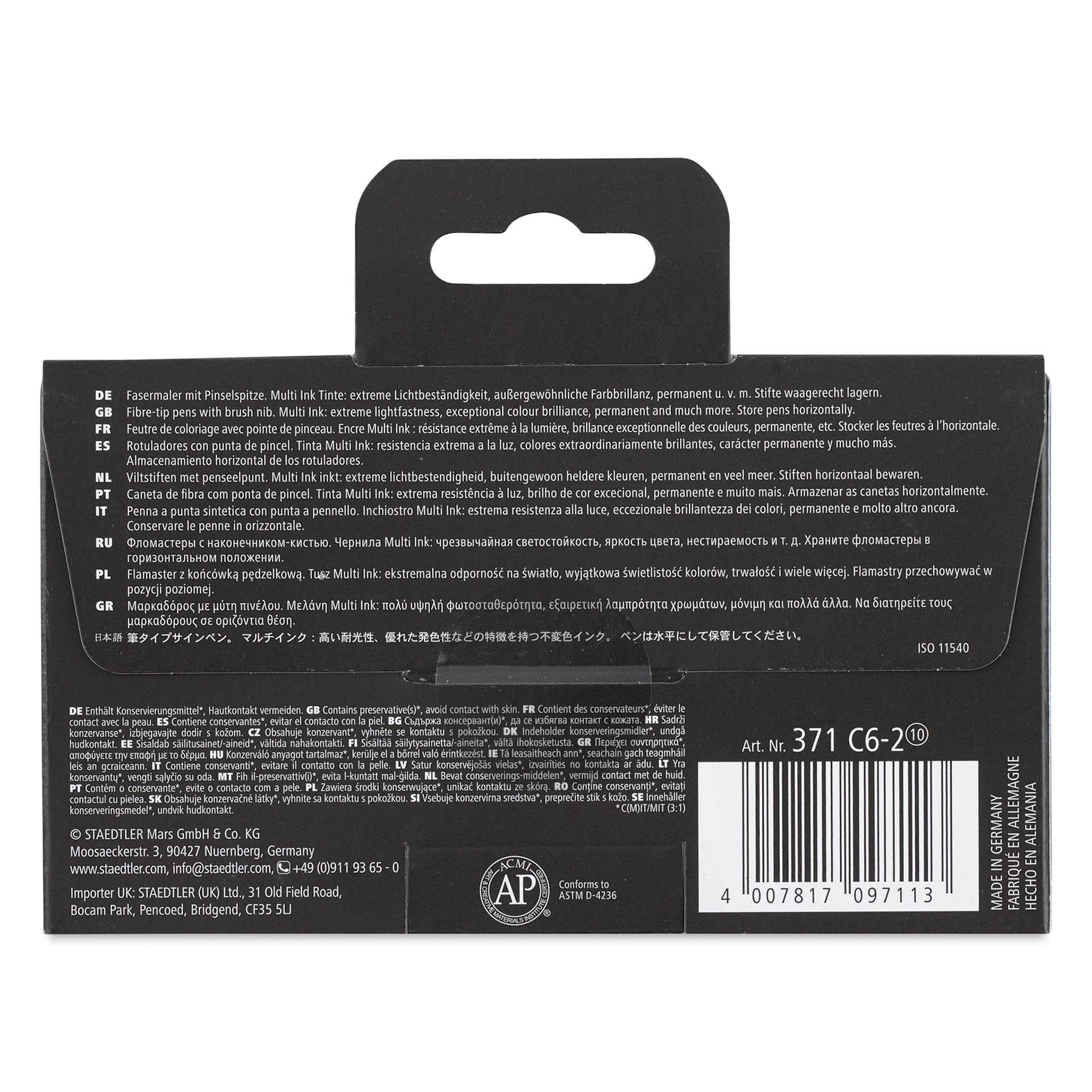 Staedtler Pigment Arts Brush Pens - Blues and Violets, Set of 6, back of the packaging