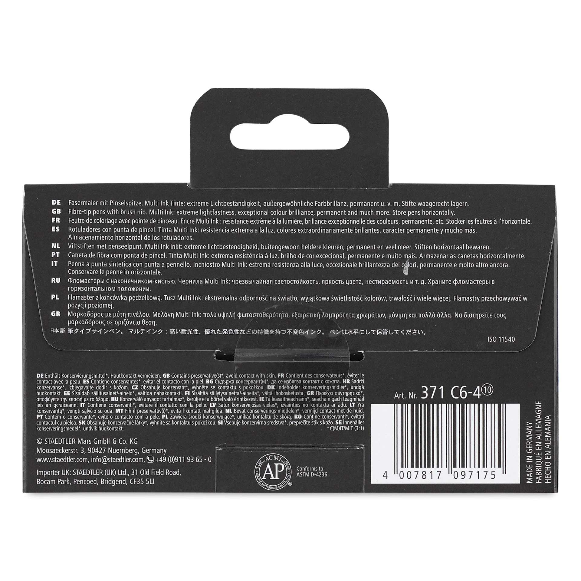 Staedtler Pigment Arts Brush Pens - Greys and Caramels, Set of 6, back of the packaging