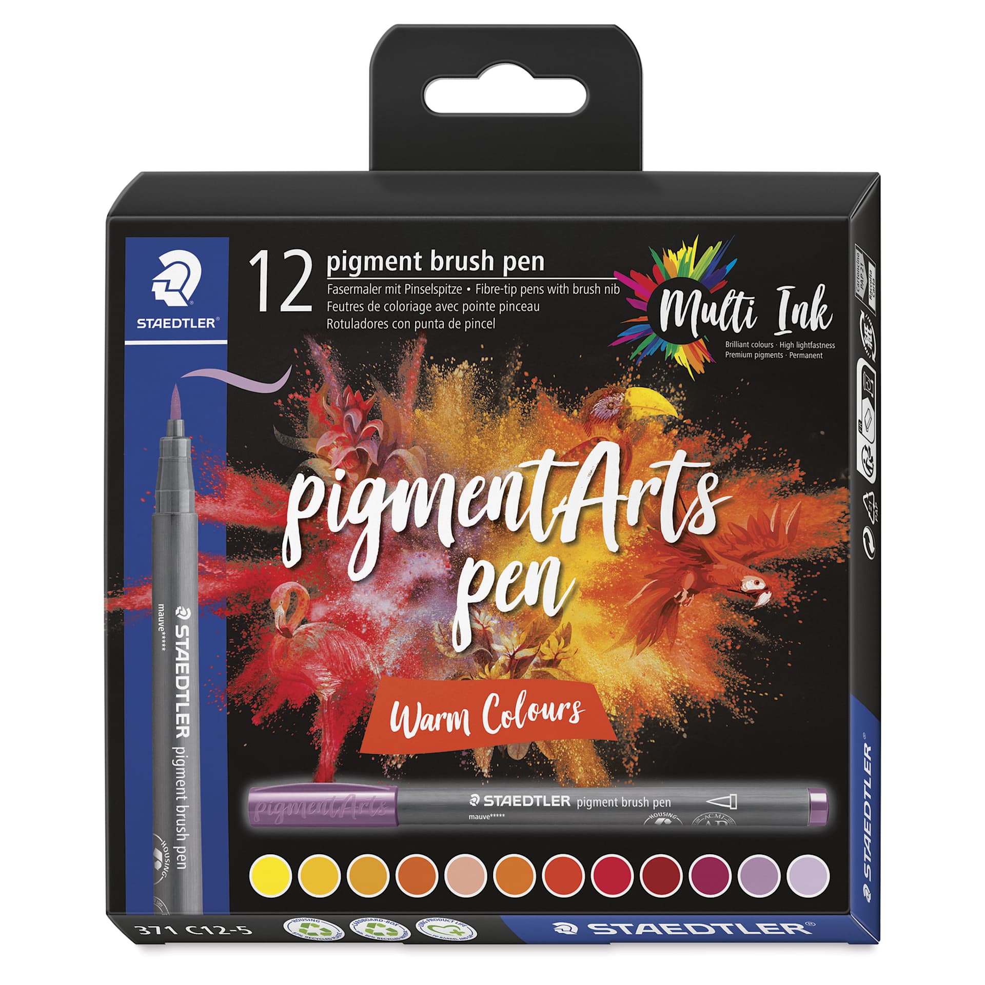 Staedtler Pigment Arts Brush Pens - Warm Colors, Set of 12, front of the packaging