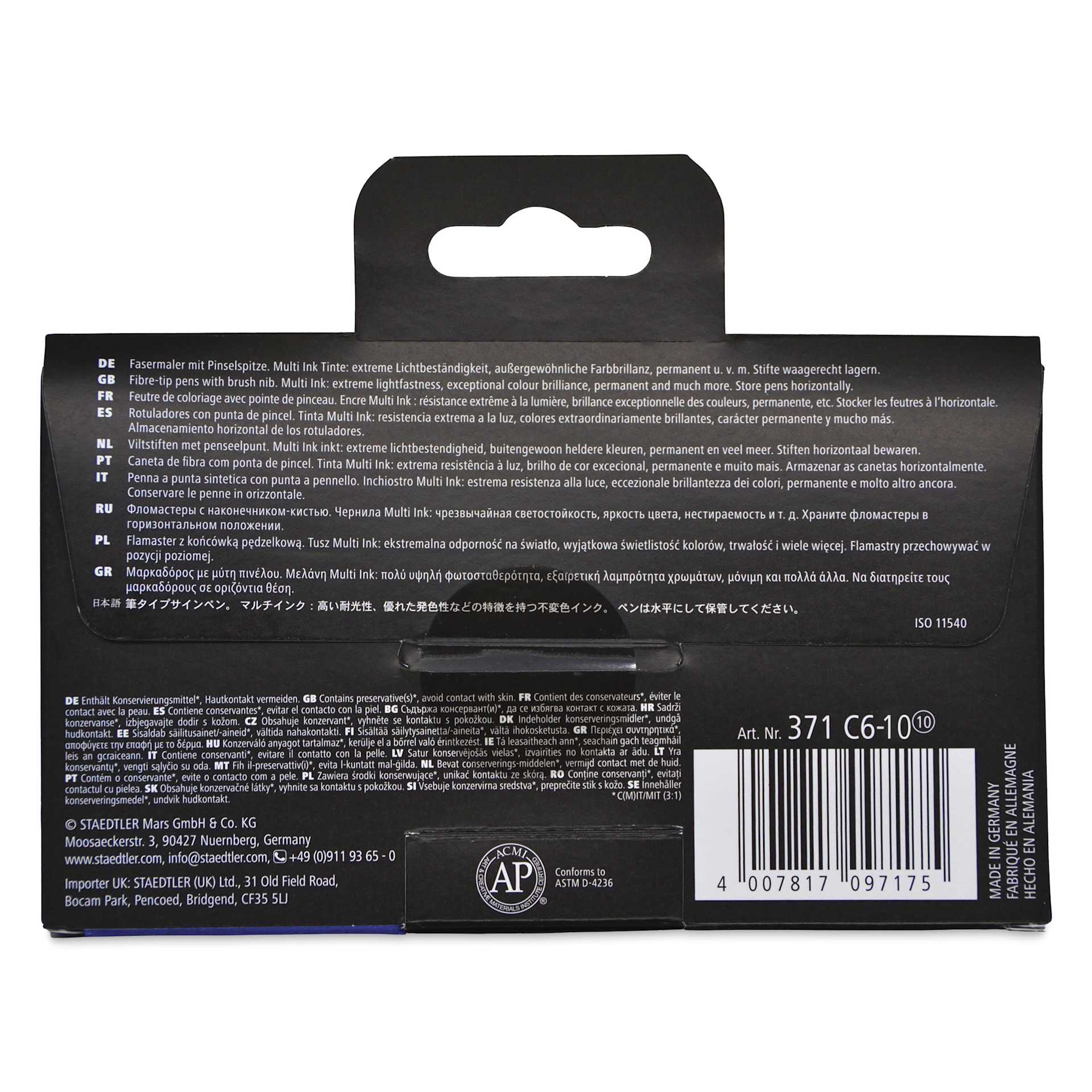 Staedtler Pigment Arts Brush Pens - Pastel Colors, Set of 6, back of the packaging