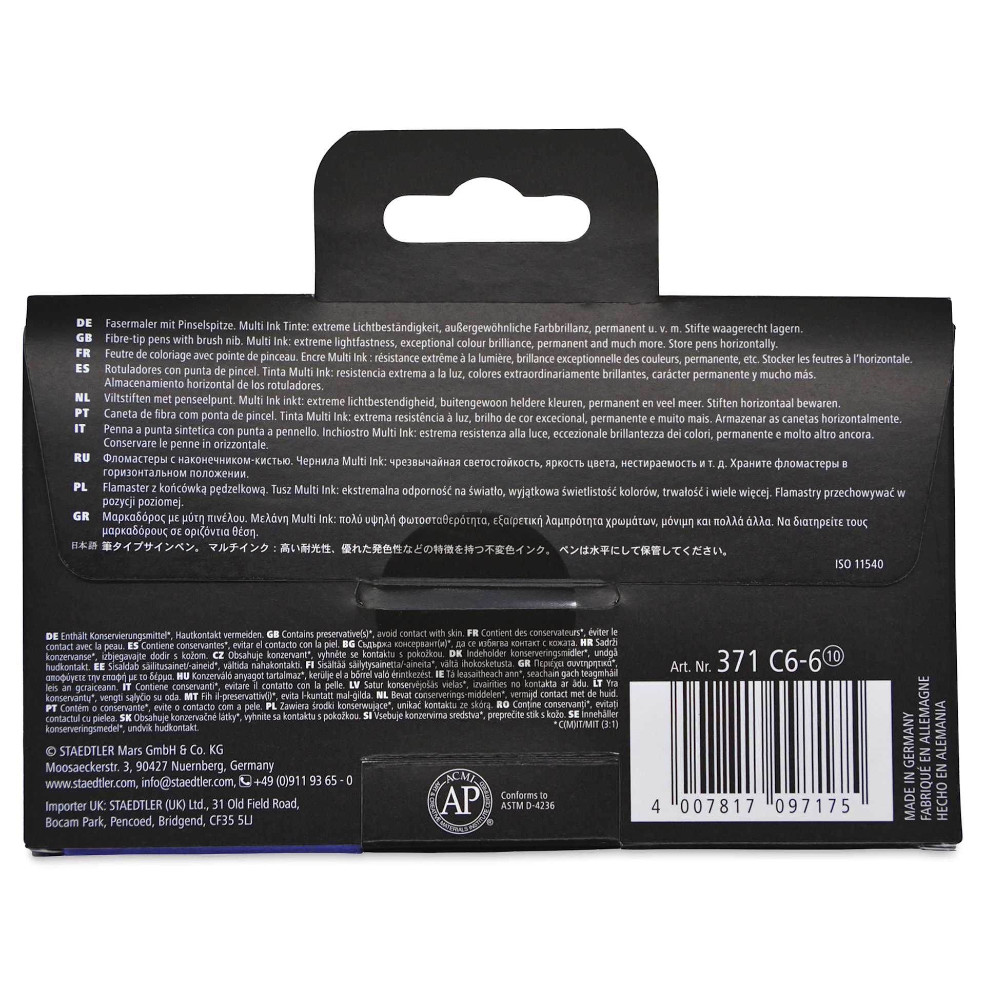 Staedtler Pigment Arts Brush Pens - Beige and Neutrals, Set of 6, back of the packaging