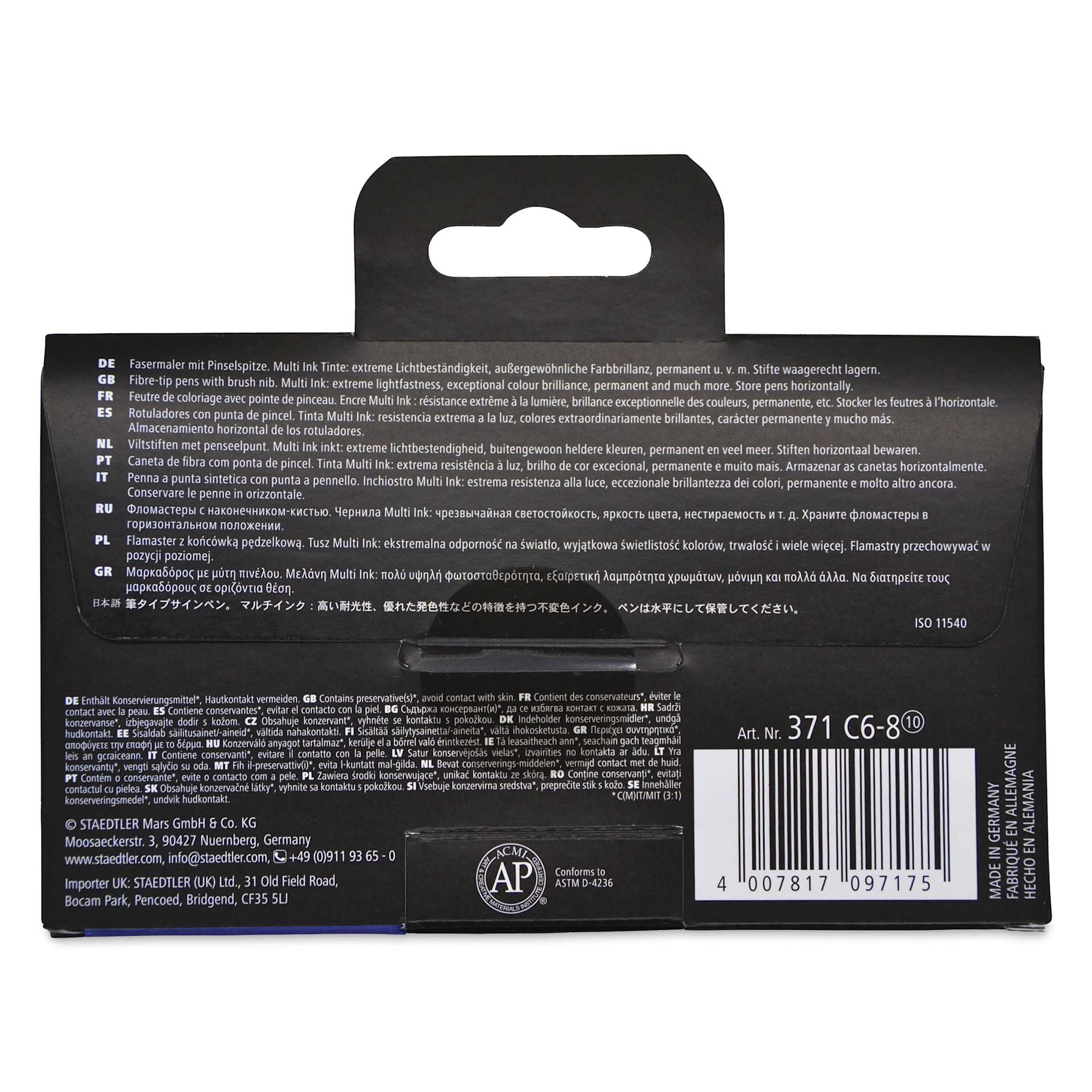 Staedtler Pigment Arts Brush Pens - Blue and Greens, Set of 6, back of the packaging