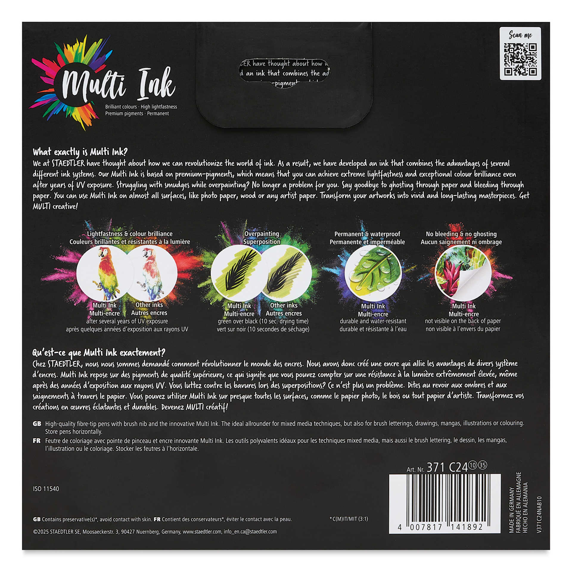 Staedtler Pigment Arts Brush Pens - Assorted Colors B, Set of 24, back of packaging