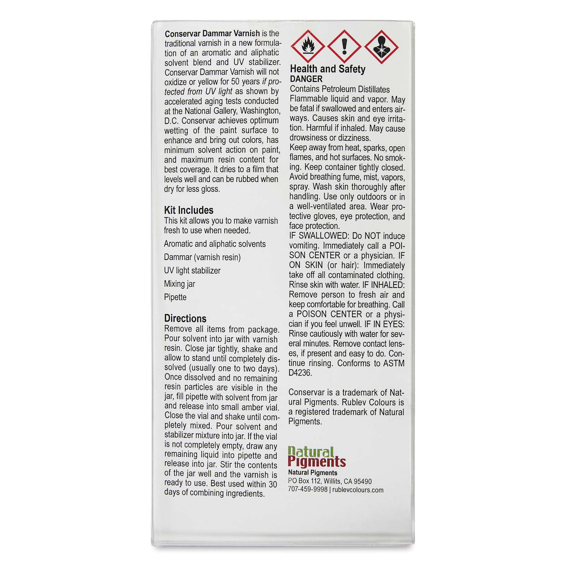 Rublev Conservar Dammar Varnish Kit - 118 ml, back of package