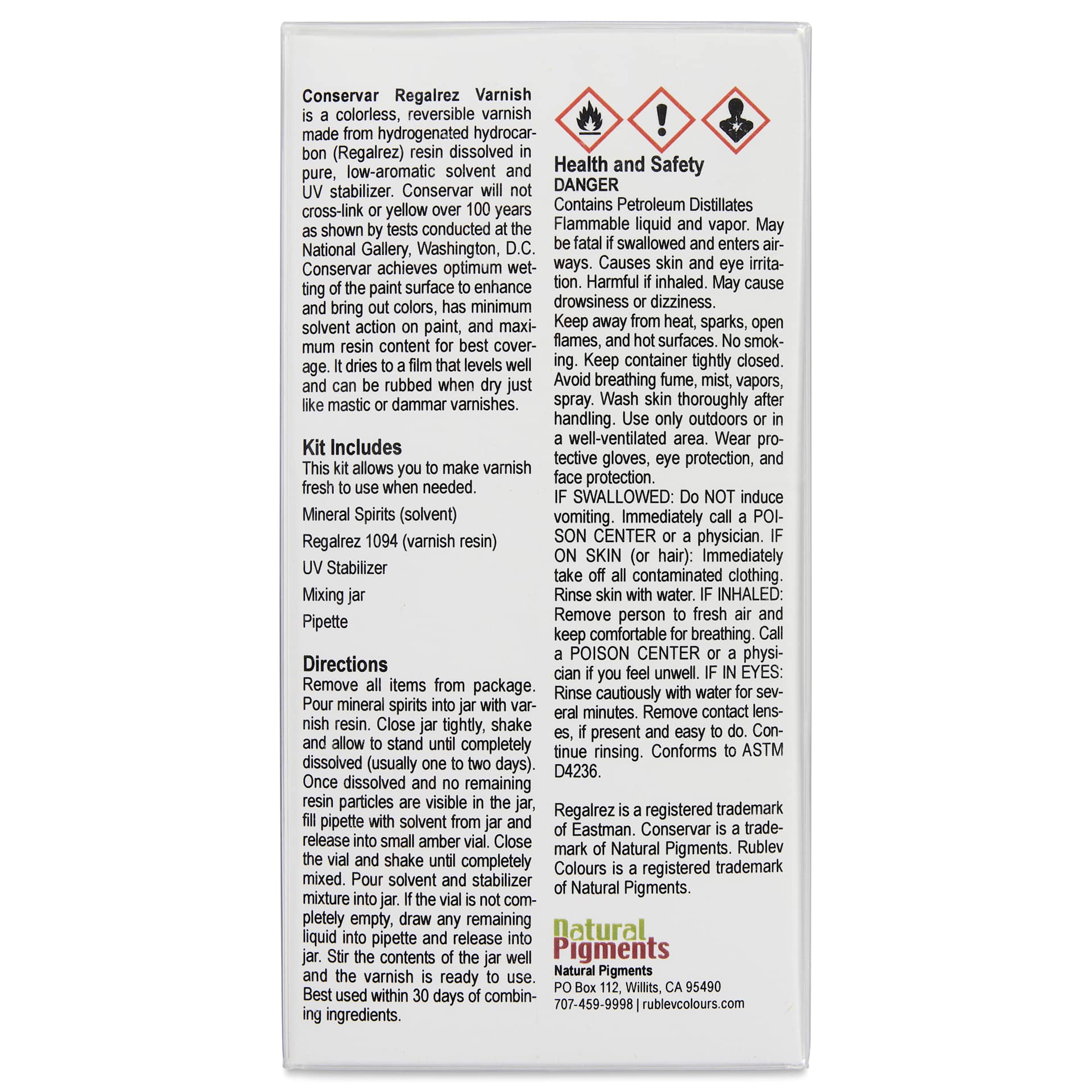 Rublev Regalrez 1094 Varnish Kit back of package