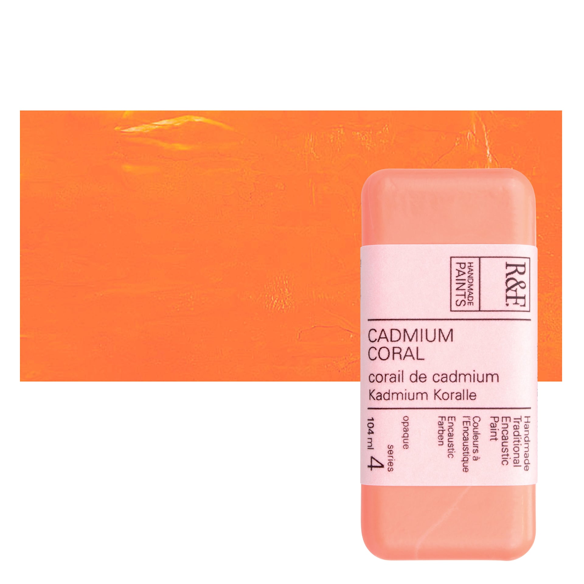 R&F Encaustic Paint Block - Cadmium Coral, 104 ml block and swatch
