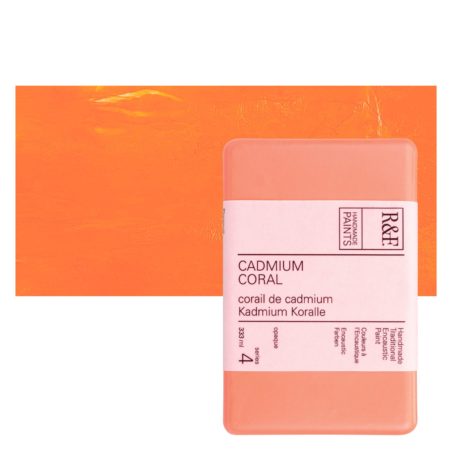 R&F Encaustic Paint Block - Cadmium Coral, 333 ml block and swatch