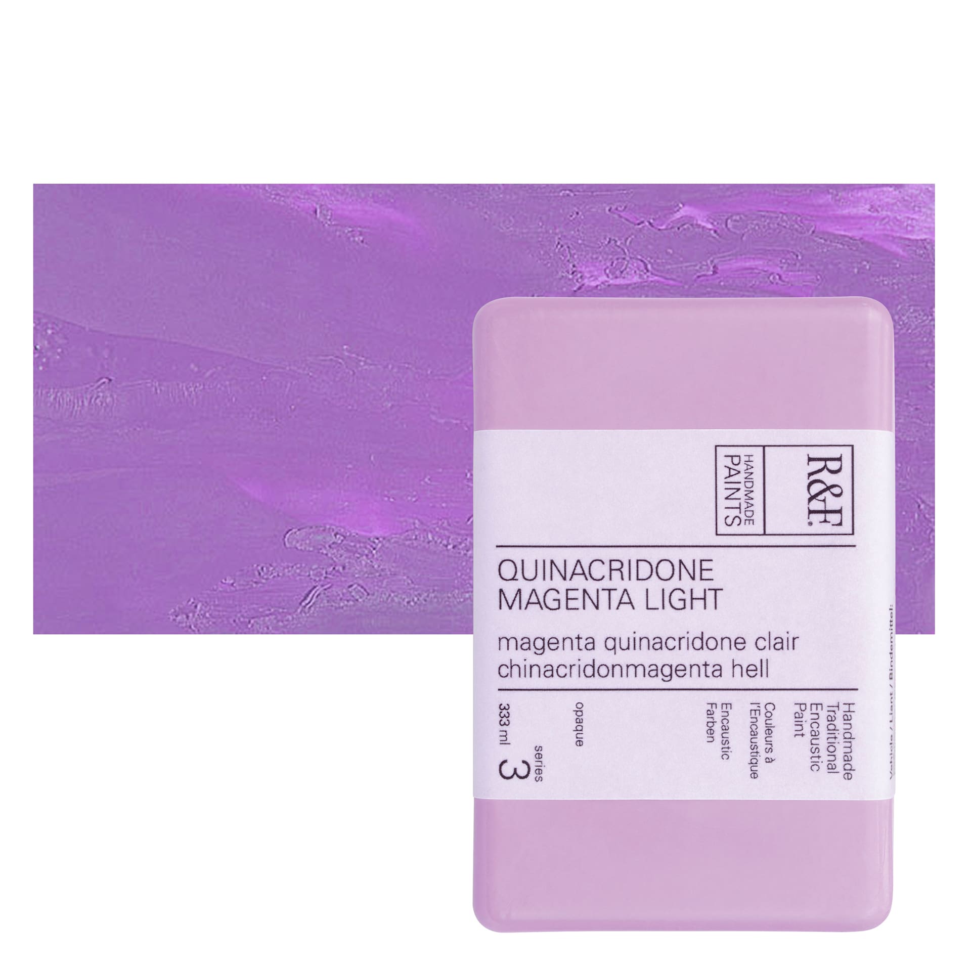 R&F Encaustic Paint Block - Quinacridone Magenta Light, 333 ml block and swatch