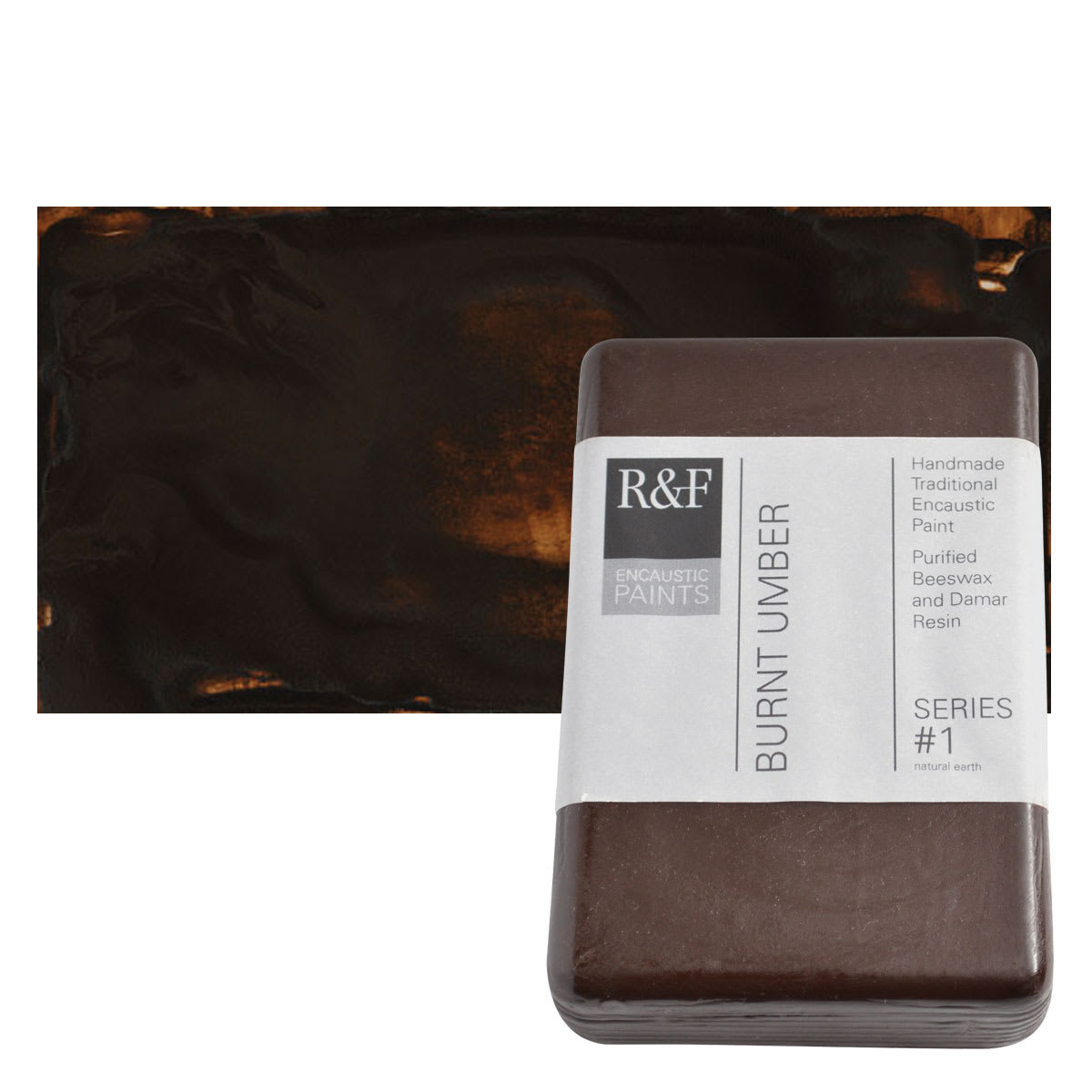 R&F Encaustic Paint Block - Burnt Umber, 333 ml block and swatch