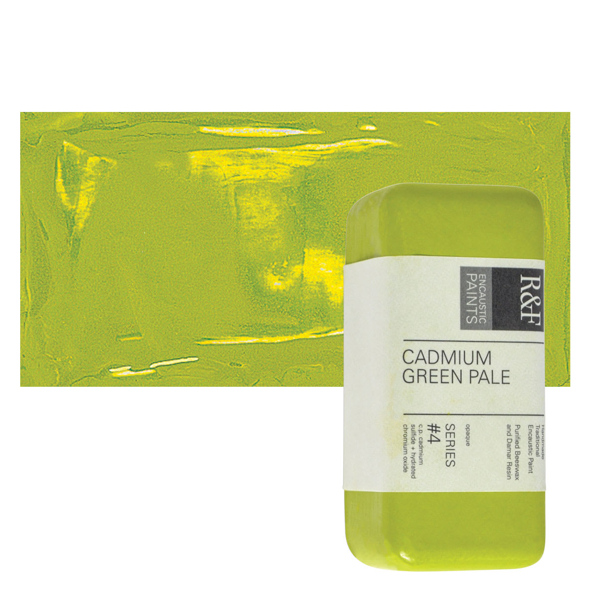 R&F Encaustic Paint Block - Cadmium Green Pale, 104 ml block and swatch