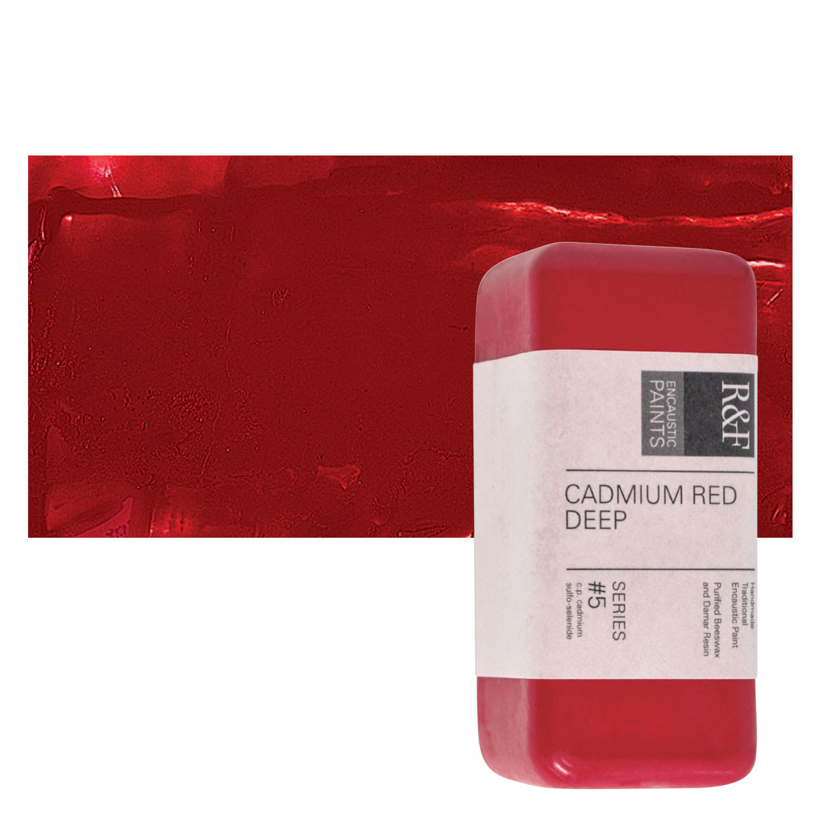 R&F Encaustic Paint Block - Cadmium Red Deep, 104 ml block and swatch