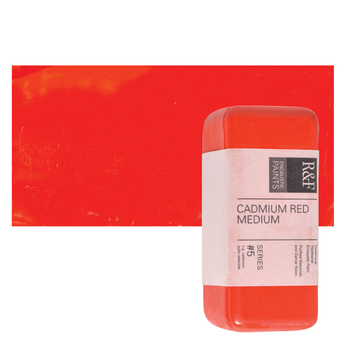 R&F Encaustic Paint Block - Cadmium Red Medium, 104 ml block and swatch