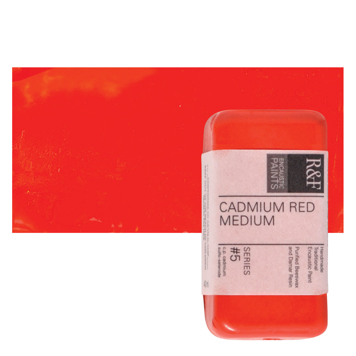 R&F Encaustic Paint Block - Cadmium Red Medium, 40 ml block and swatch