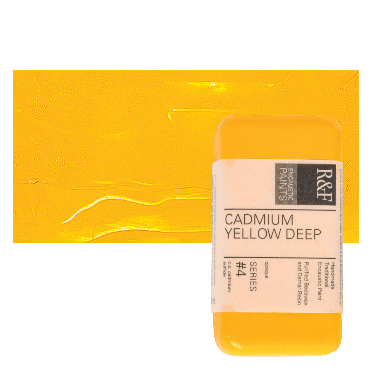 R&F Encaustic Paint Block - Cadmium Yellow Deep, 40 ml block and swatch