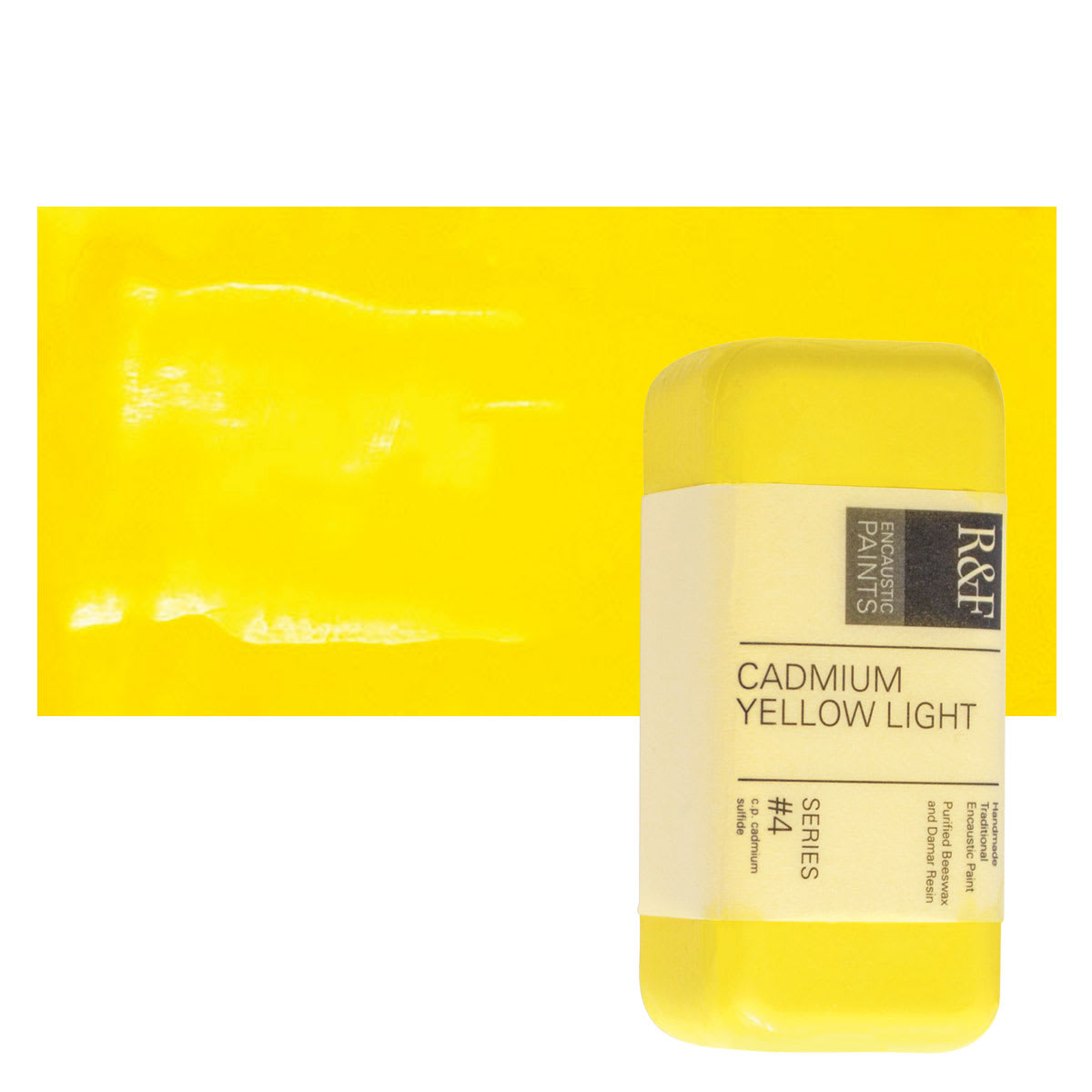 R&F Encaustic Paint Block - Cadmium Yellow Light, 104 ml block and swatch