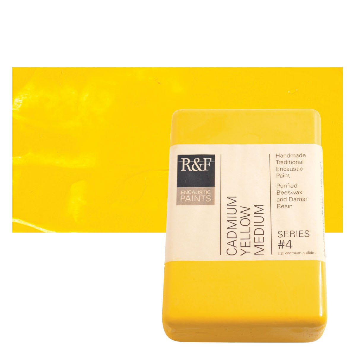 R&F Encaustic Paint Block - Cadmium Yellow Medium, 333 ml block and swatch