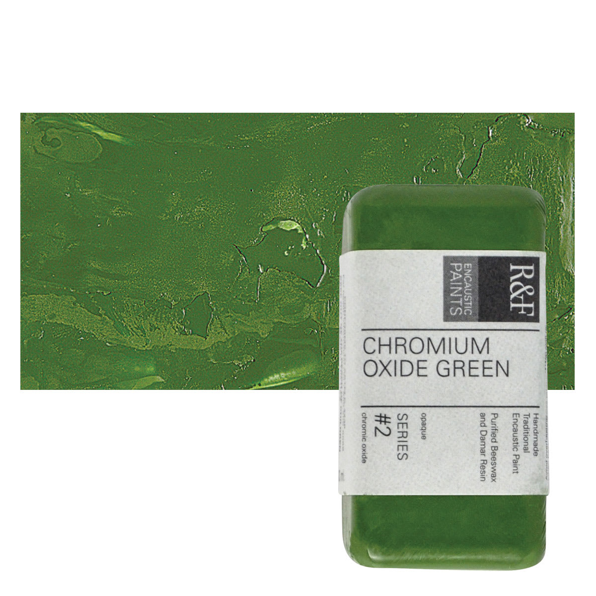 R&F Encaustic Paint Block - Chromium Oxide Green, 40 ml block and swatch