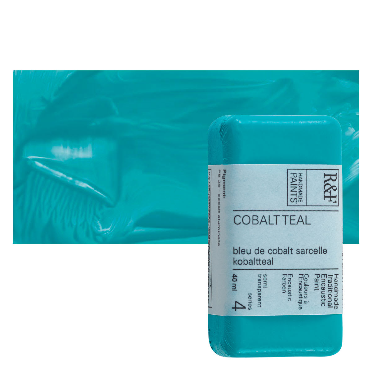 R&F Encaustic Paint Block - Cobalt Teal, 40 ml block and swatch