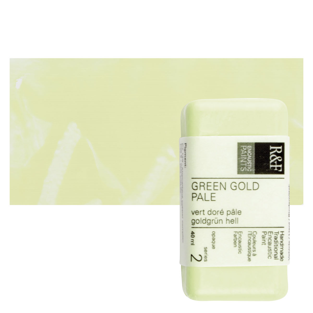 R&F Encaustic Paint Block - Green Gold Pale, 40 ml block and swatch