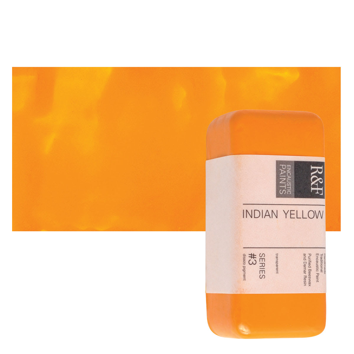 R&F Encaustic Paint Block - Indian Yellow, 104 ml block and swatch
