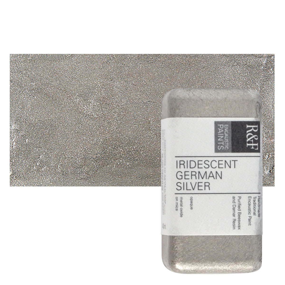 R&F Encaustic Paint Block - Iridescent Geman Silver, 40 ml block and swatch