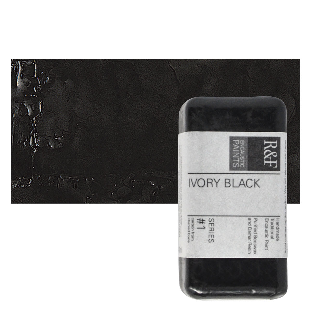 R&F Encaustic Paint Block - Ivory Black, 40 ml block and swatch