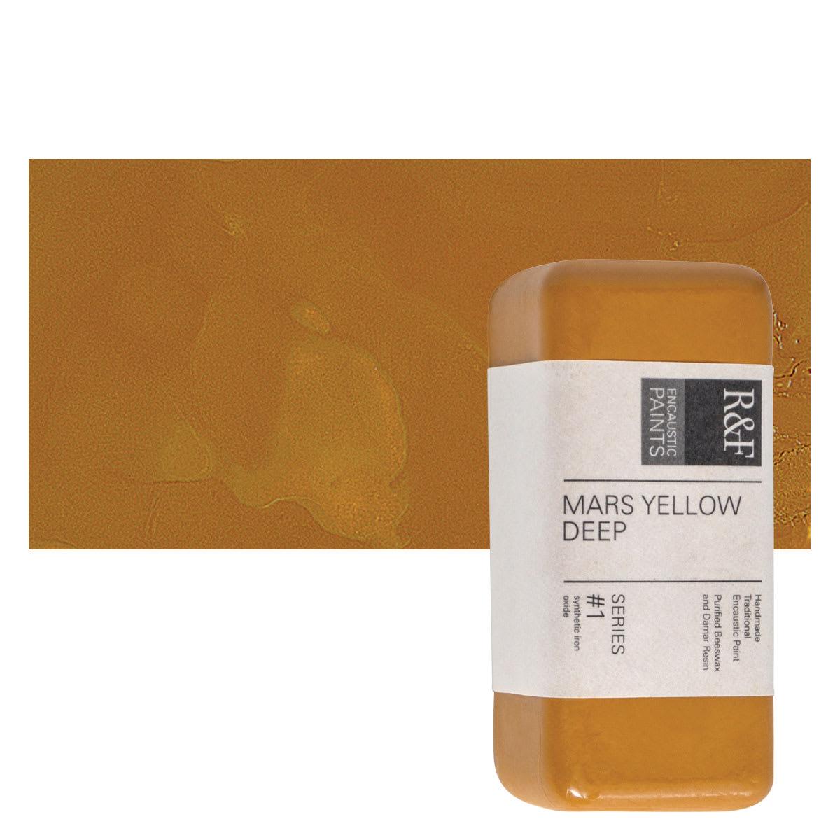 R&F Encaustic Paint Block - Mars Yellow Deep, 104 ml block and swatch