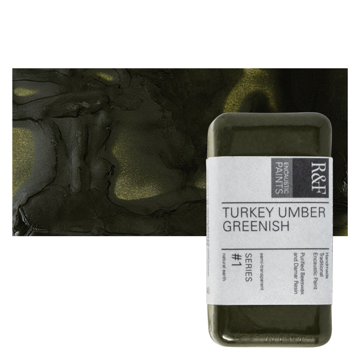 R&F Encaustic Paint Block - Turkey Umber Greenish, 40 ml block and swatch
