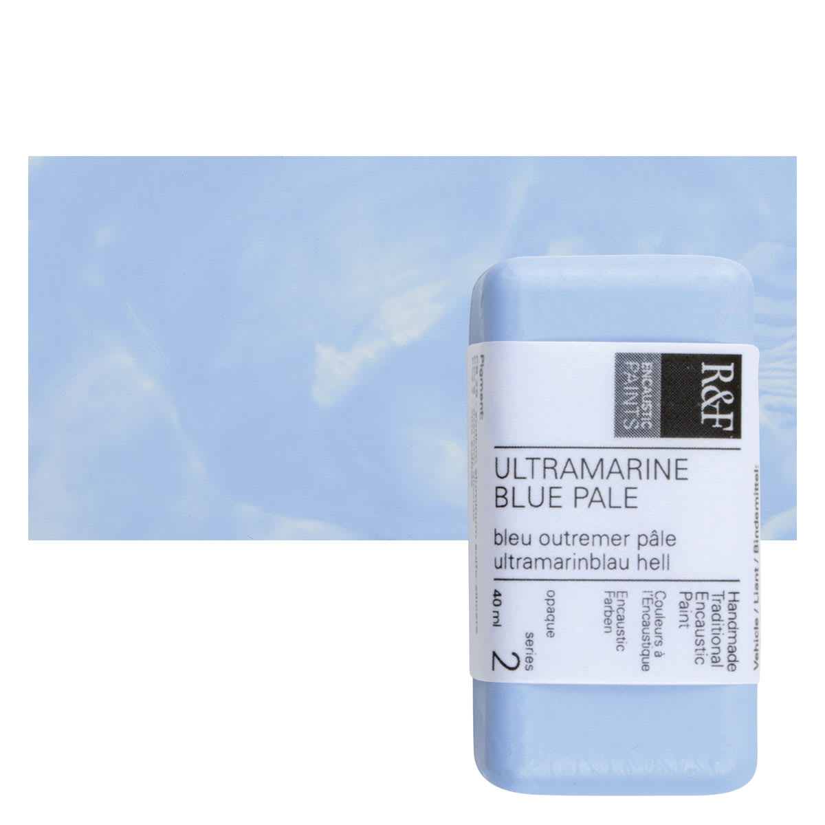 R&F Encaustic Paint Block - Ultramarine Blue Pale, 40 ml block and swatch