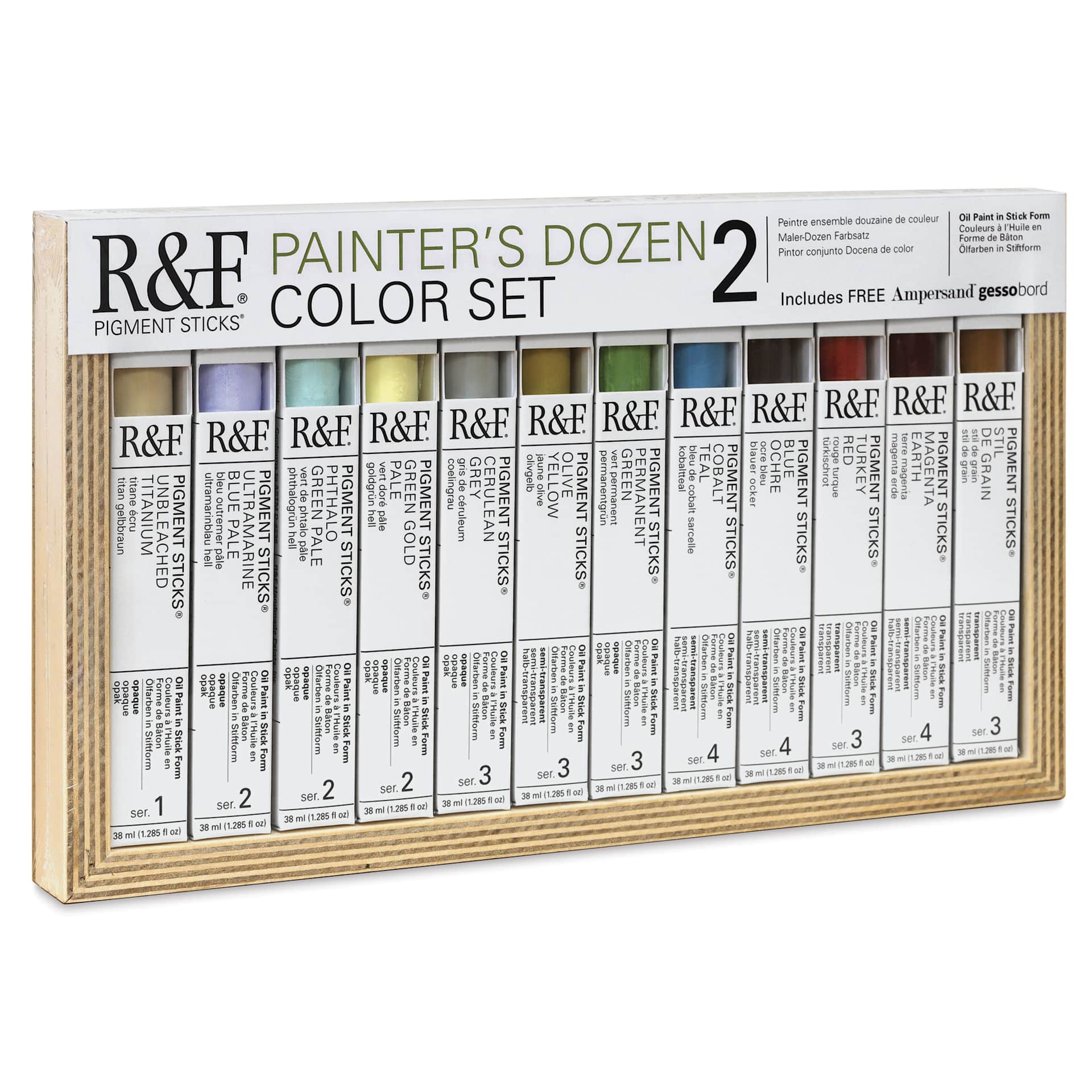 R&F Pigment Sticks - Set of 12 with Gessobord, Painter's Dozen II, 38 ml, front of packaging
