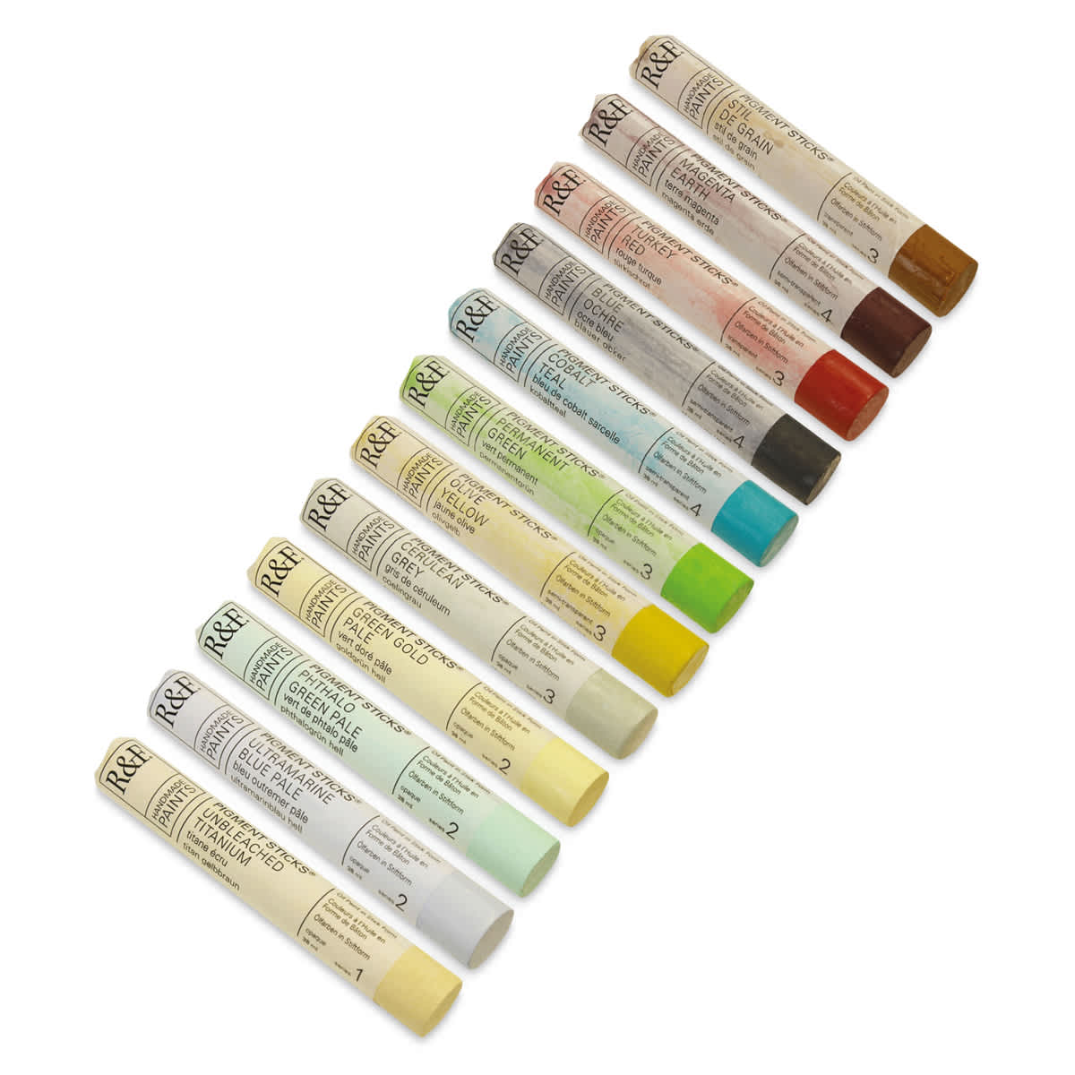 R&F Pigment Sticks - Set of 12 with Gessobord, Painter's Dozen II, 38 ml, sticks out of packaging