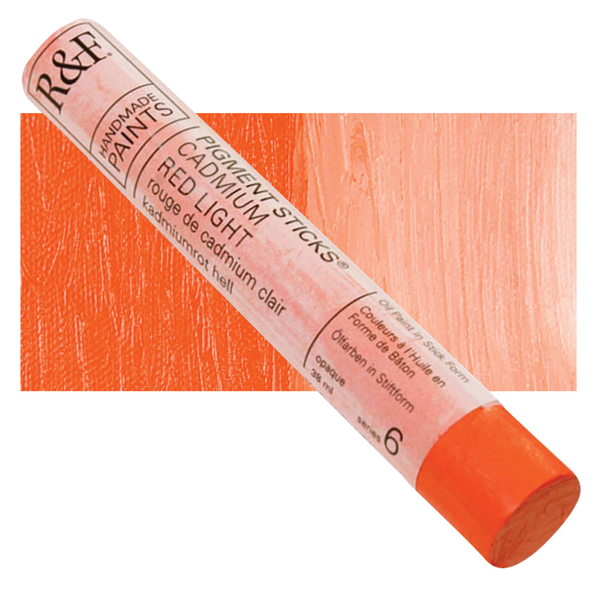 R&F Pigment Stick - Cadmium Red Light, 38 ml stick and swatch