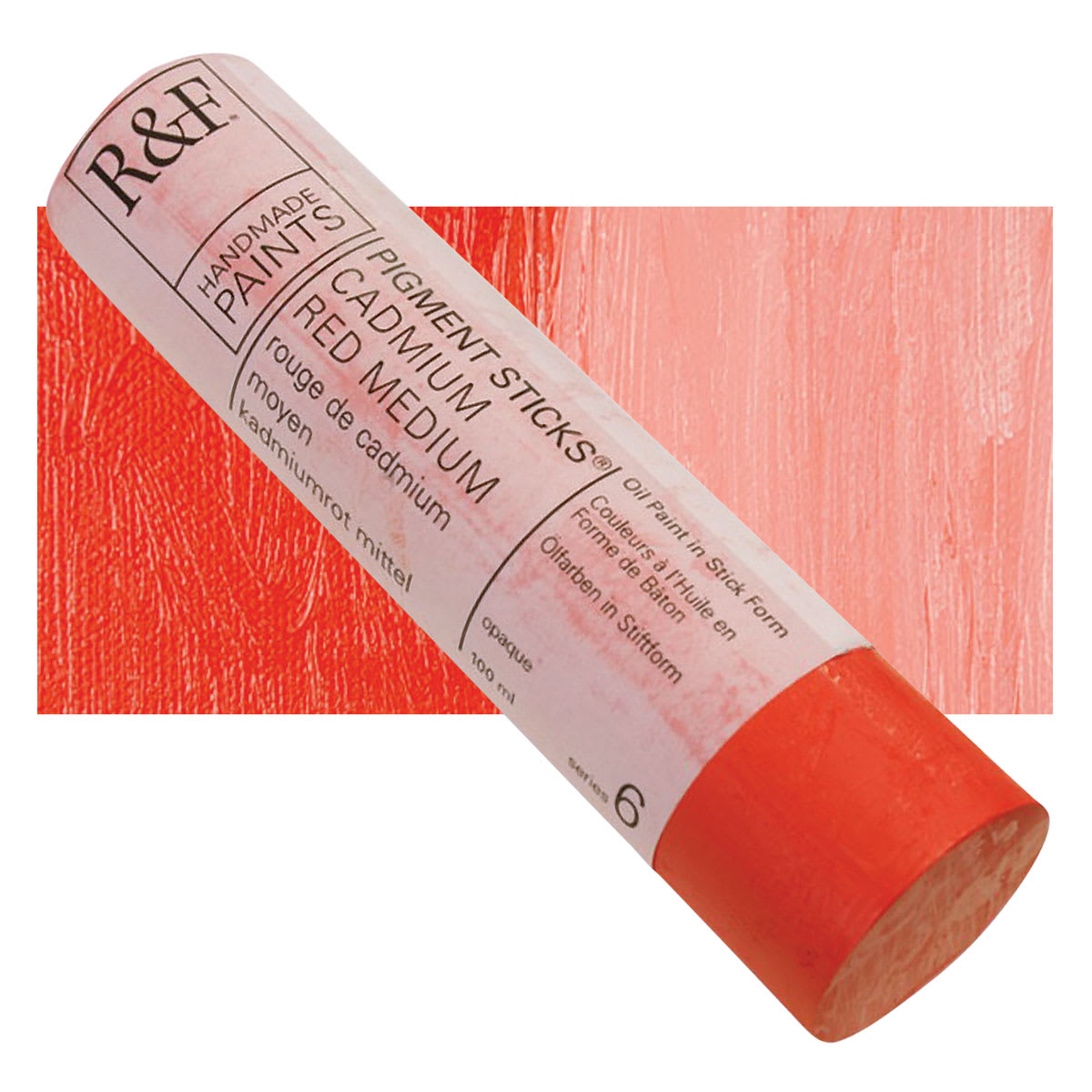 R&F Pigment Stick - Cadmium Red Medium, 100 ml stick and swatch