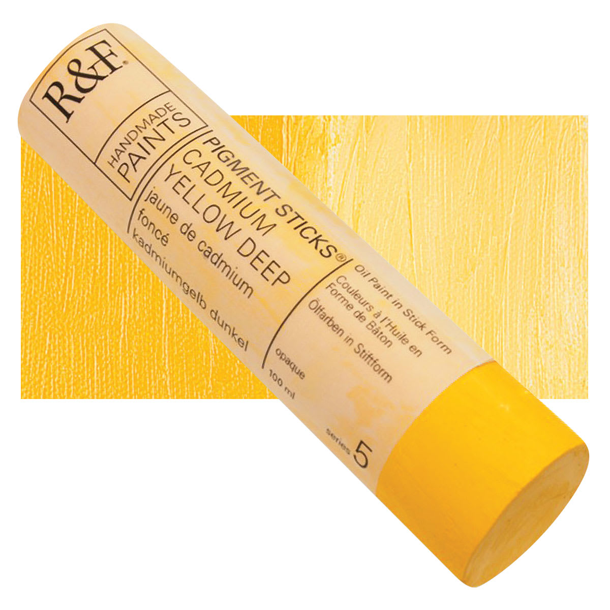R&F Pigment Stick - Cadmium Yellow Deep, 100 ml stick and swatch