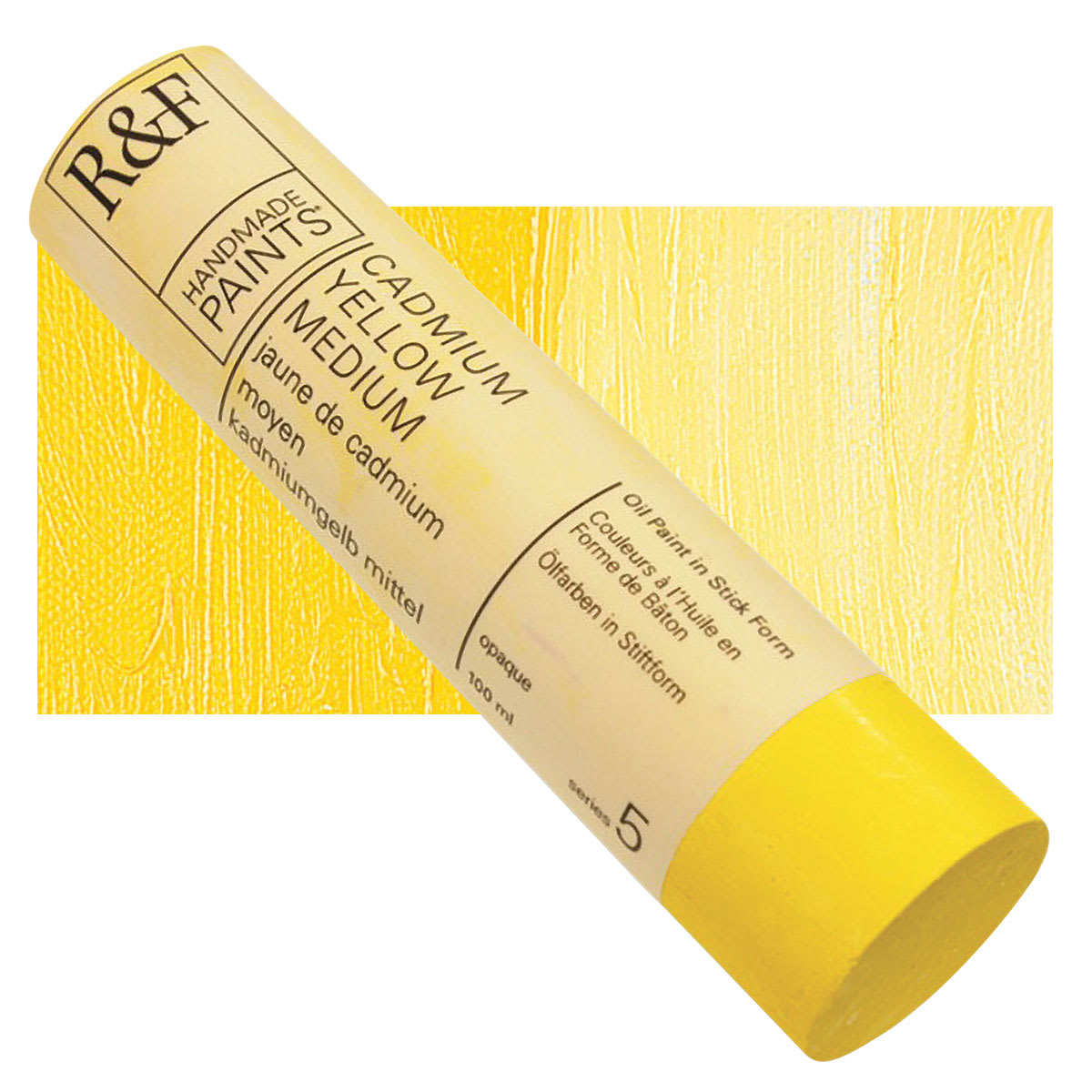 R&F Pigment Stick - Cadmium Yellow Medium, 100 ml stick and swatch