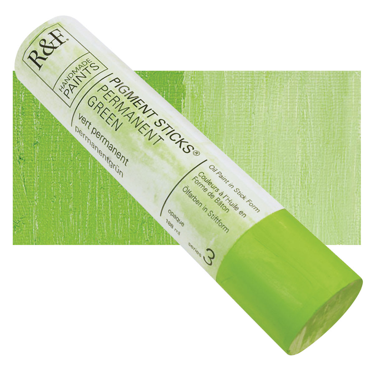 R&F Pigment Stick - Permanent Green, 188 ml stick and swatch