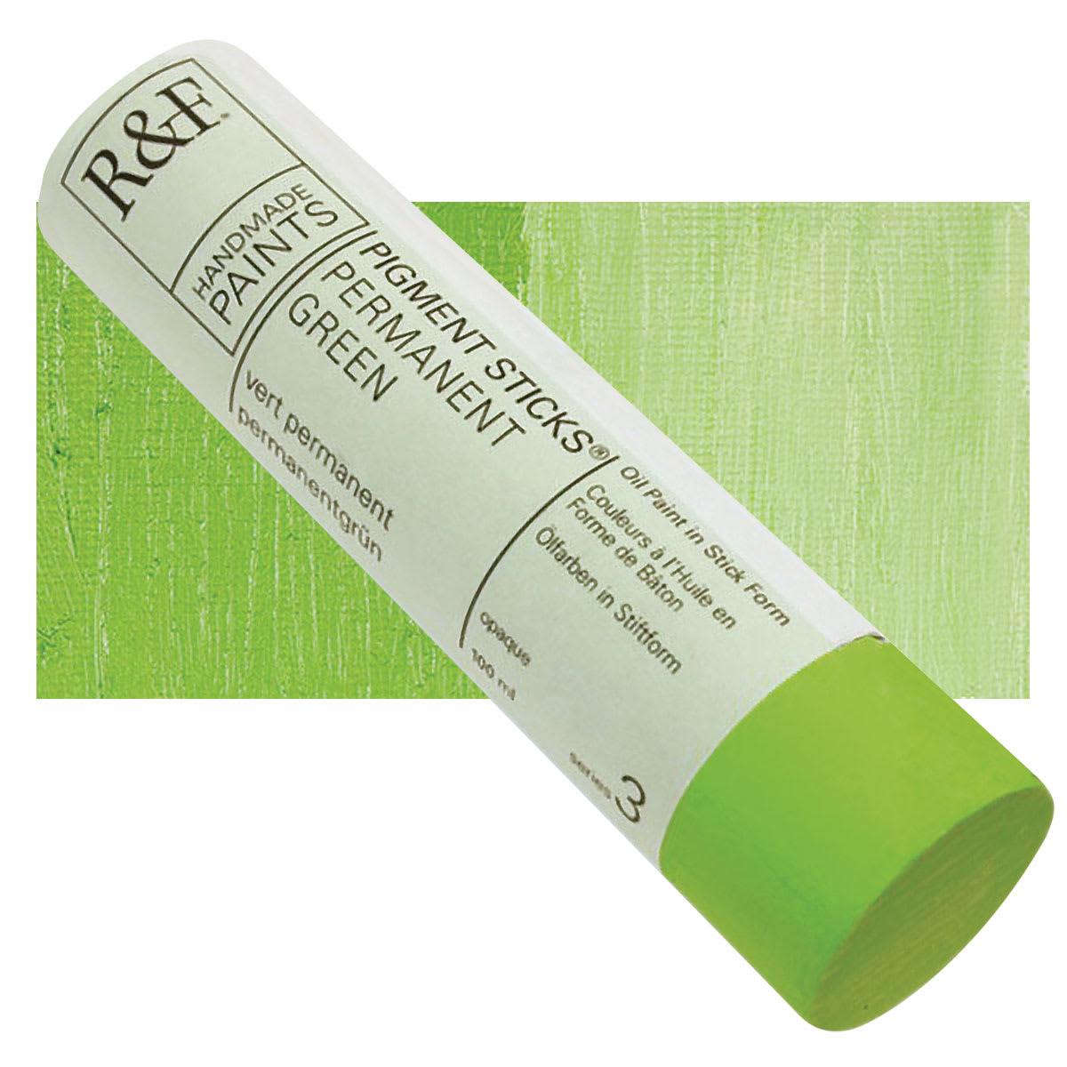 R&F Pigment Stick - Permanent Green, 100 ml stick and swatch