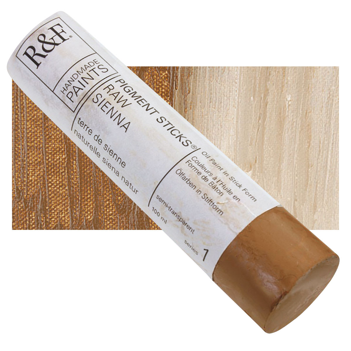 R&F Pigment Stick - Raw Sienna, 100 ml stick and swatch