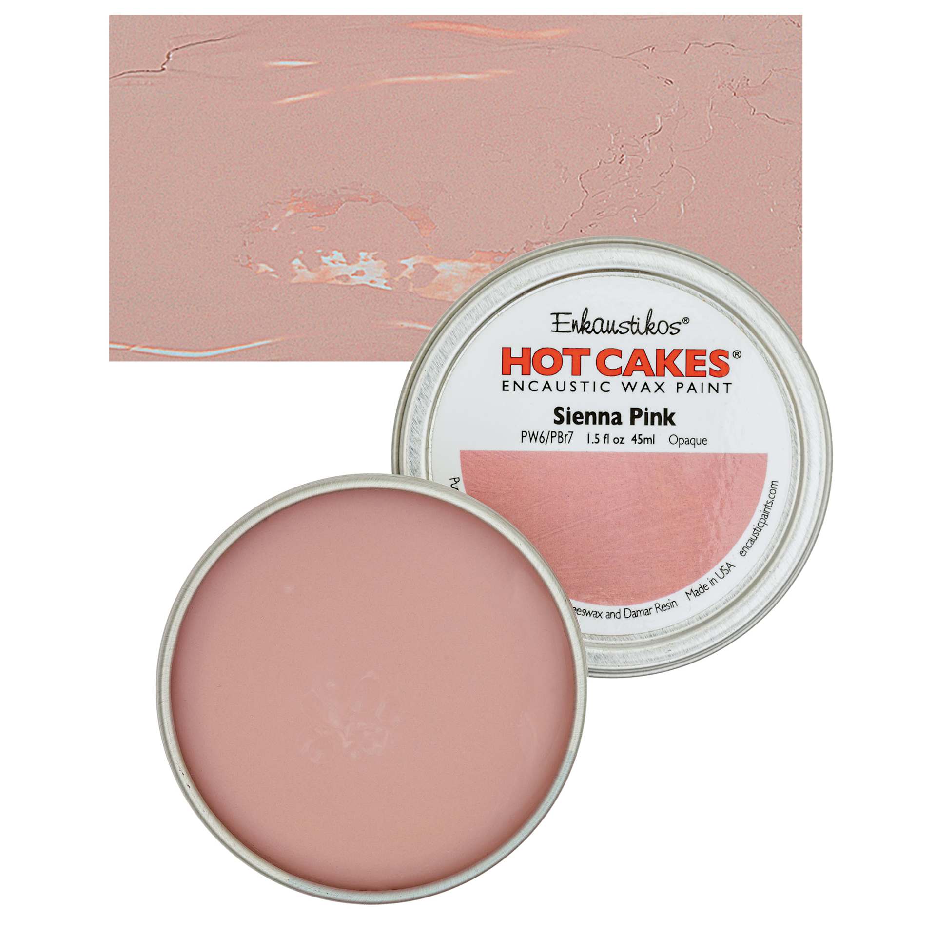Enkaustikos Hot Cakes Encaustic Wax Paint - Sienna Pink, 45 ml tin and swatch