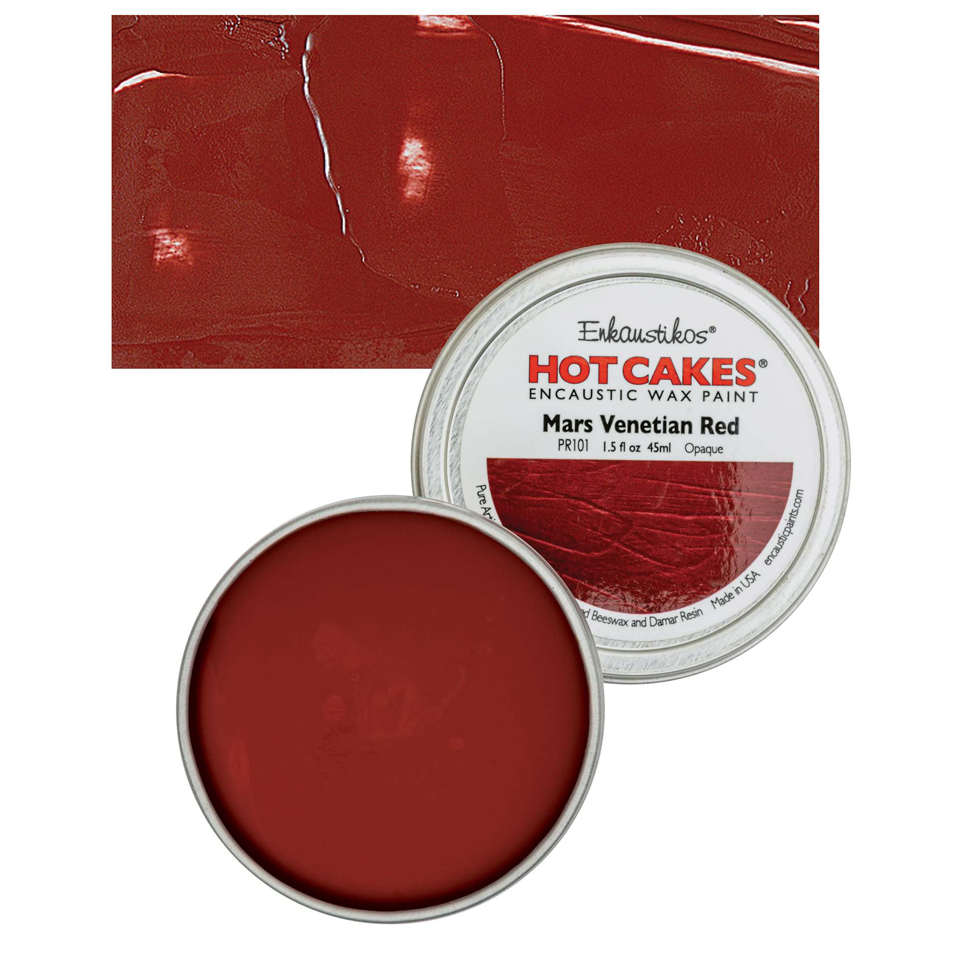 Enkaustikos Hot Cakes Encaustic Wax Paint - Mars Venetian Red, 45 ml tin and swatch