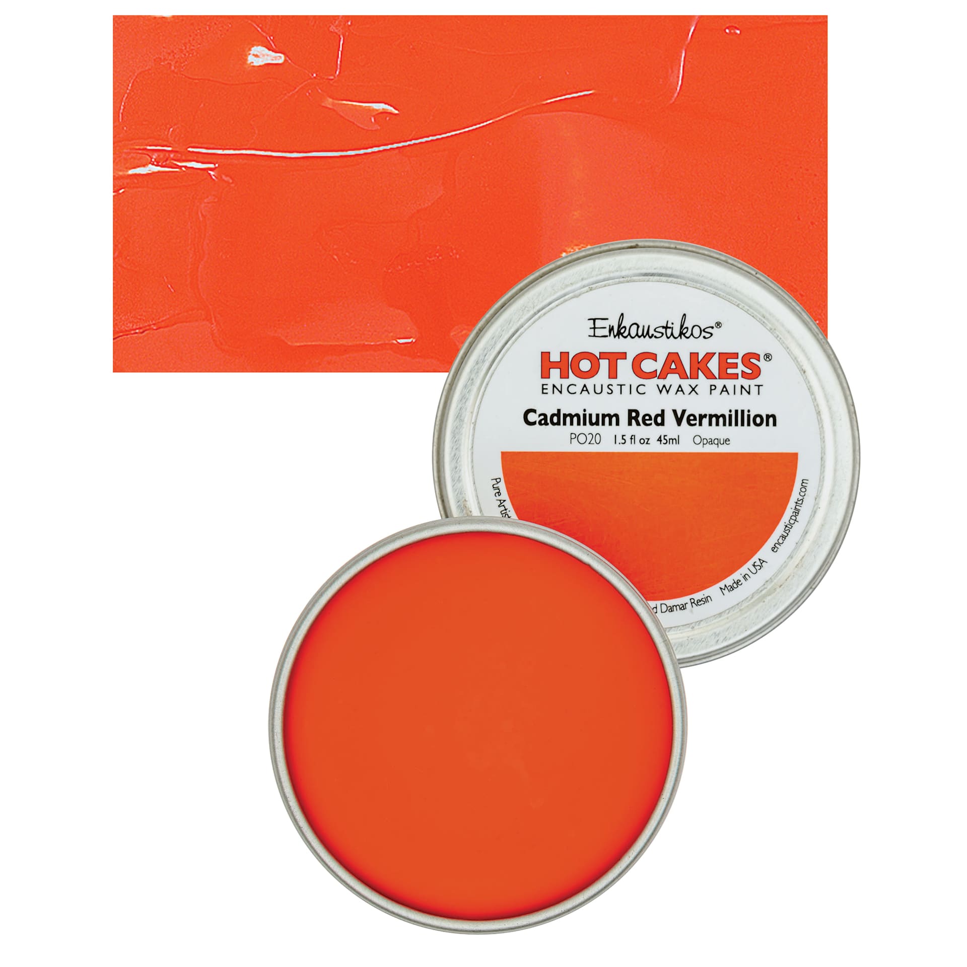 Enkaustikos Hot Cakes Encaustic Wax Paint - Cadmium Red Vermilion, 45 ml tin and swatch