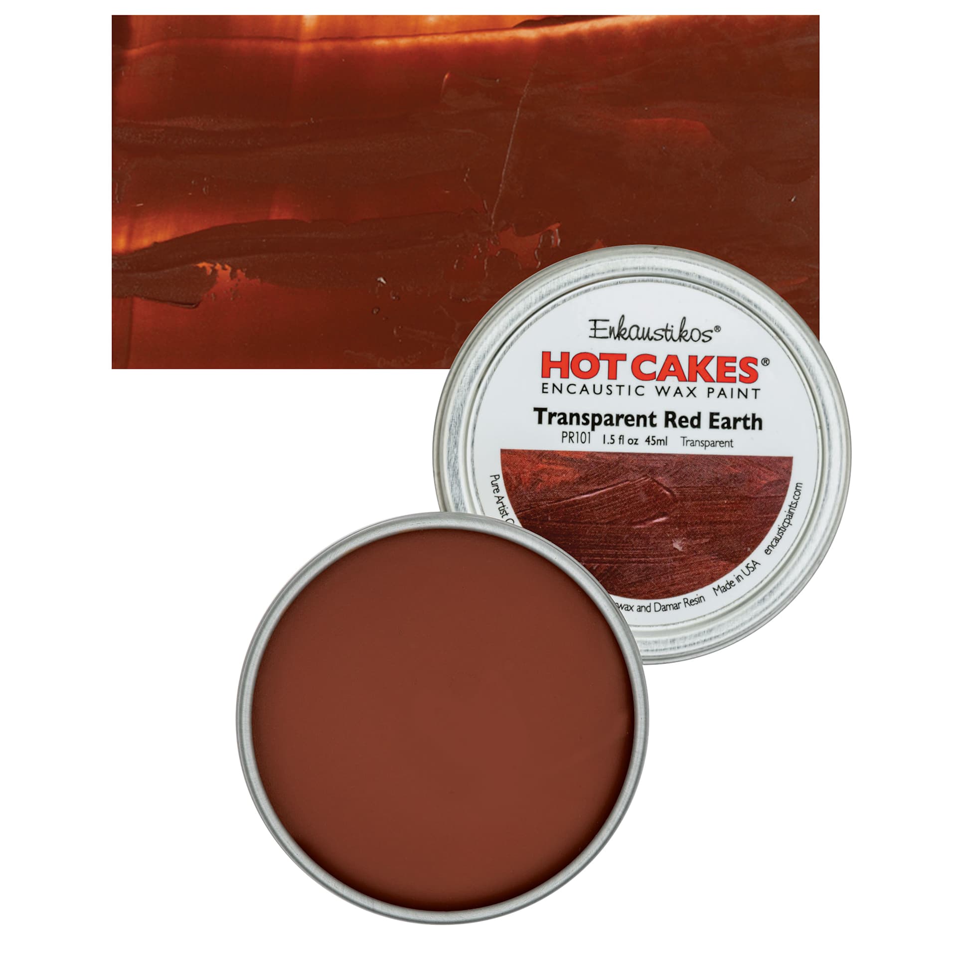 Enkaustikos Hot Cakes Encaustic Wax Paint - Transparent Earth Red, 45 ml tin and swatch